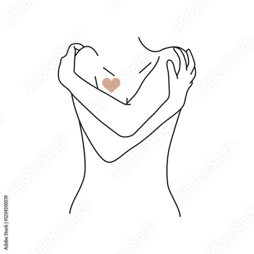 minimalist line art woman hugging self love