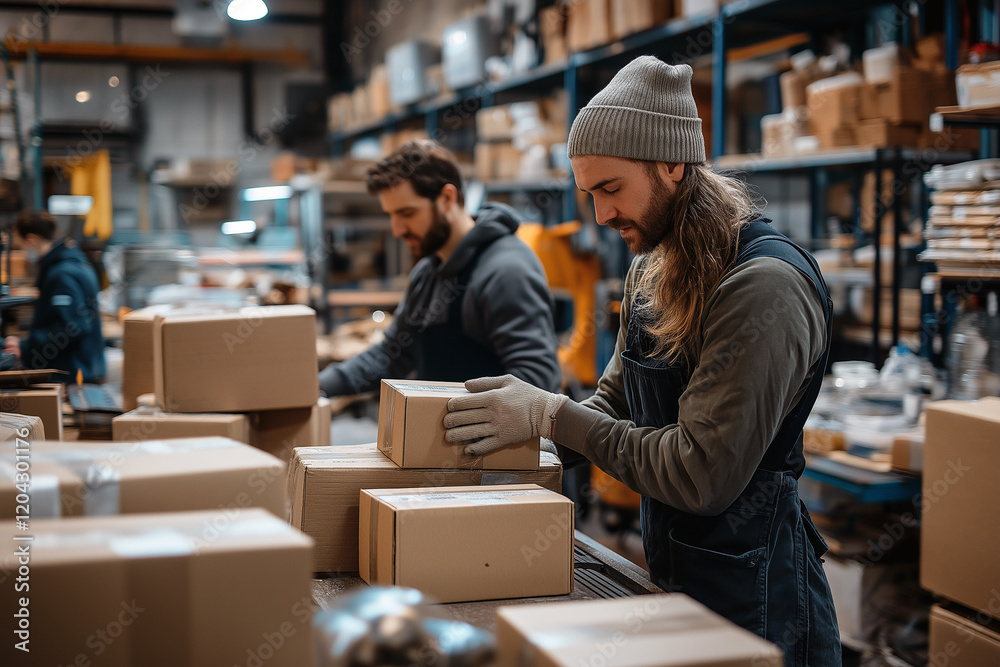 Two men are working in a warehouse, one of them wearing a hat. Generative Ai. Two men are working in a warehouse, one of them wearing a hat. Generative Ai.