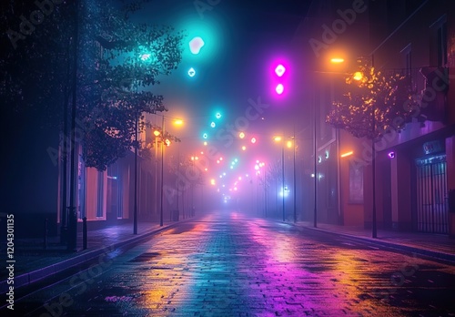 A foggy street at night with colorful lights, light painting photography photo