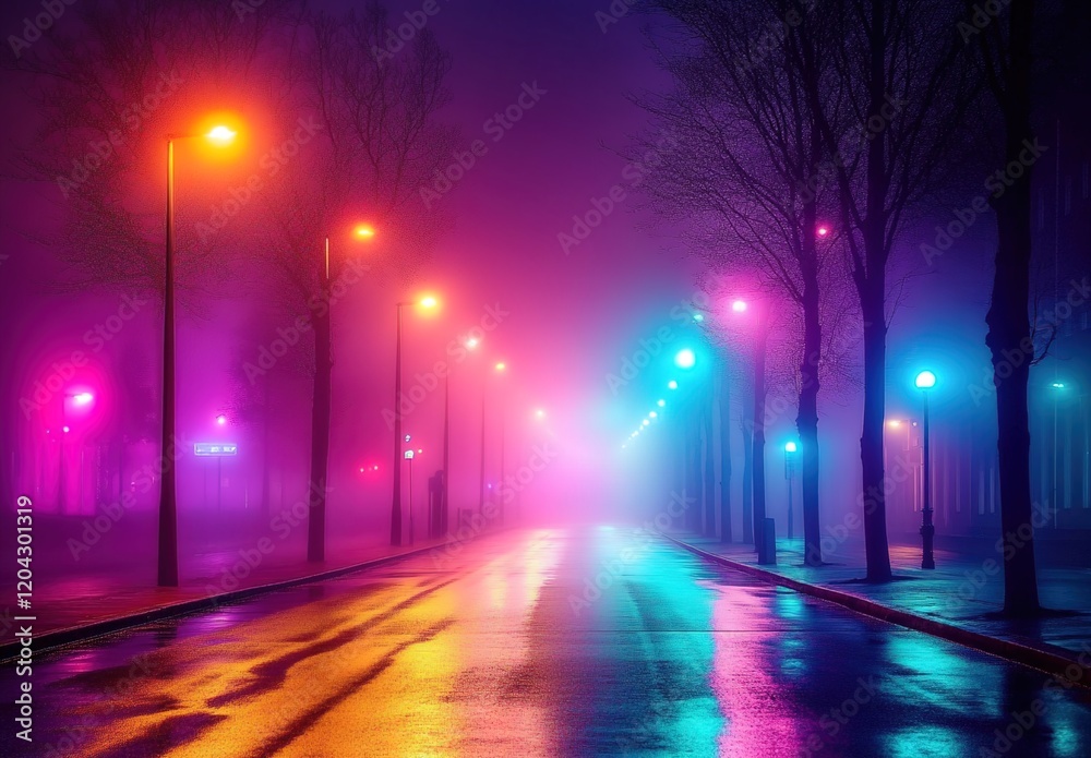 A foggy street at night with colorful lights, light painting photography A foggy street at night with colorful lights, light painting photography