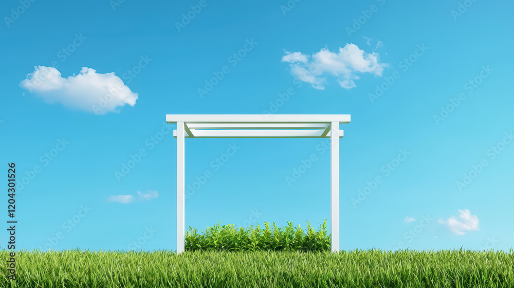 Minimalist structure under blue sky with green grass Minimalist structure under blue sky with green grass