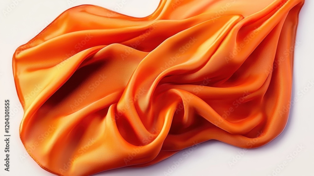 Obraz premium Silky orange fabric, flowing texture, soft folds, luxurious satin, golden amber hue, smooth drapery, elegant textile, fashion photography, studio lighting, high contrast, macro detail, white backgroun