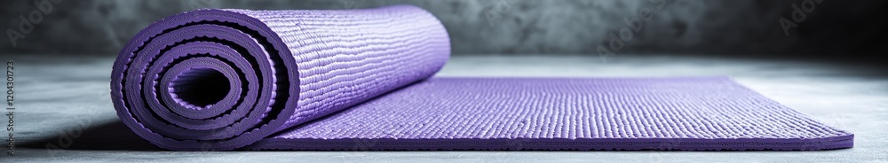 Rolled purple yoga mat on concrete surface in minimalist setting