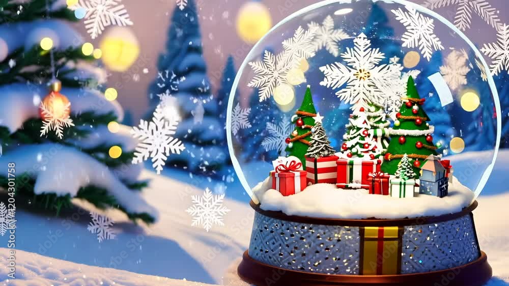 Schneekugel, Weihnachtsschneekugel innen mit Geschenken und Weihnachtsbäumen, Weihnachtsdeko, Schneeflocken, Generative AI