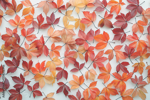 A close up of many orange leaves on a white background. Generative Ai.