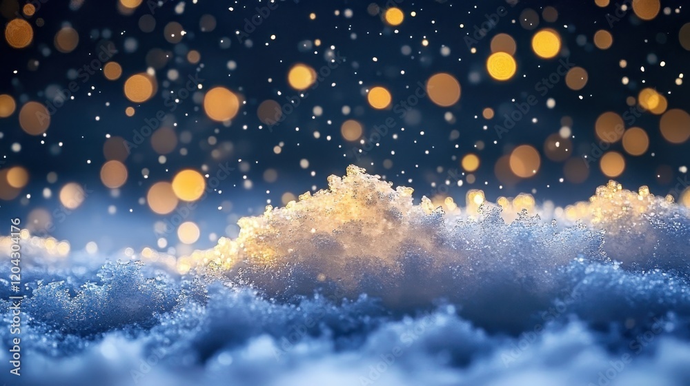 Obraz premium Winter landscape, glowing golden bokeh lights, snow mounds, starry night sky, magical atmosphere, macro photography, depth of field, warm and cold contrast, ethereal, dreamy scene, sparkling snowflake