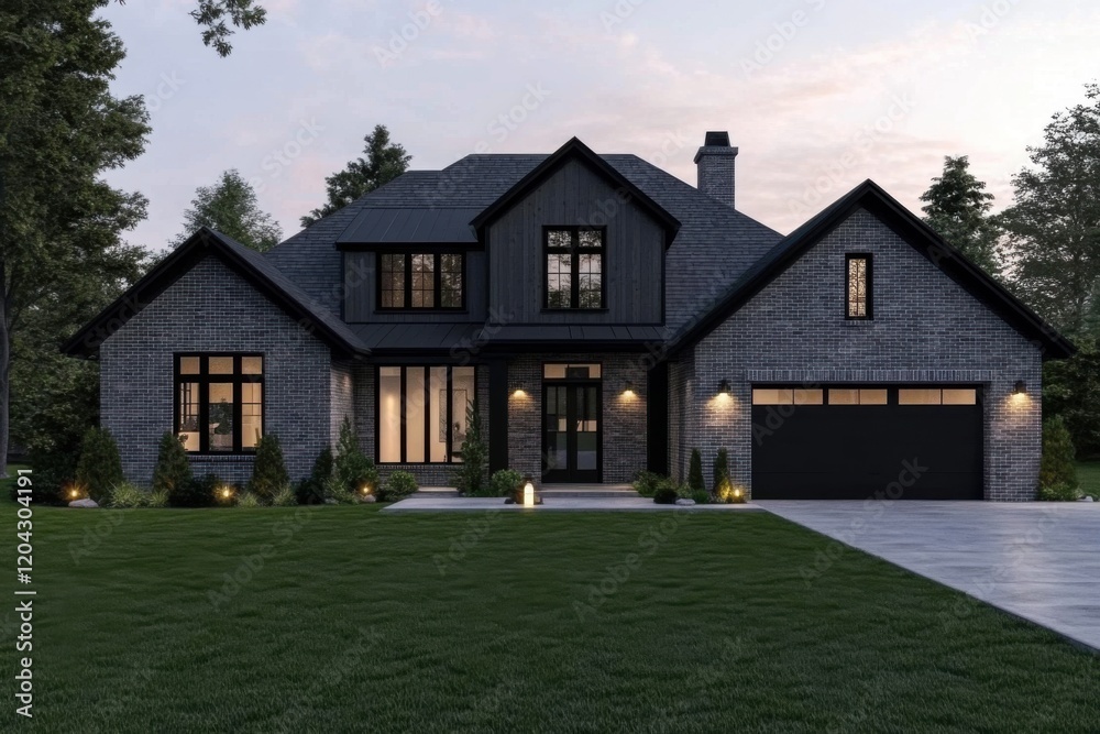 A stunning modern house featuring elegant design elements adorned with striking black accents, beautifully illuminated during twilight, set against a meticulously landscaped yard A stunning modern house featuring elegant design elements adorned with striking black accents, beautifully illuminated during twilight, set against a meticulously landscaped yard