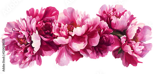 Fototapeta Naklejka Na Ścianę i Meble -  banner of Set of row of pink peonies isolated on white. Pink flowers with leaves on white background PNG.AI GENERATED