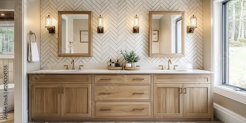 A farmhouse bathroom with natural wood cabinets, herringbone tile backsplash