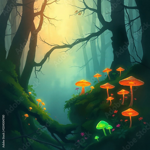 Magical Dawn Forest Landscape with Giant Luminescent Mushrooms in Pastel Tones