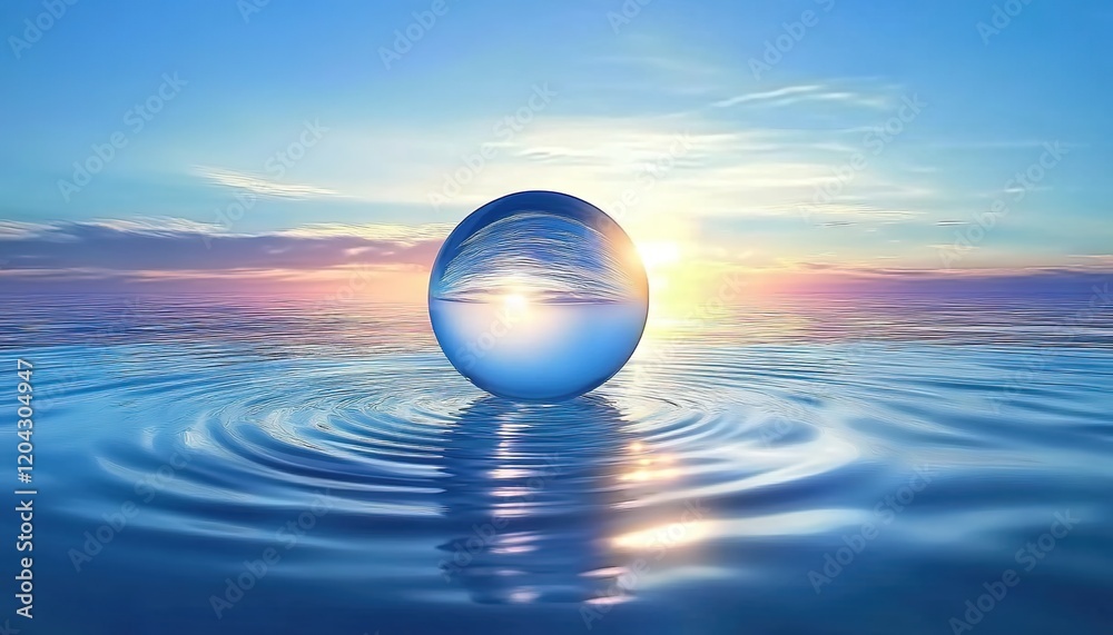 A crystal ball floating on the water surface, reflecting the sky and sea in the glass sphere. A crystal ball floating on the water surface, reflecting the sky and sea in the glass sphere.