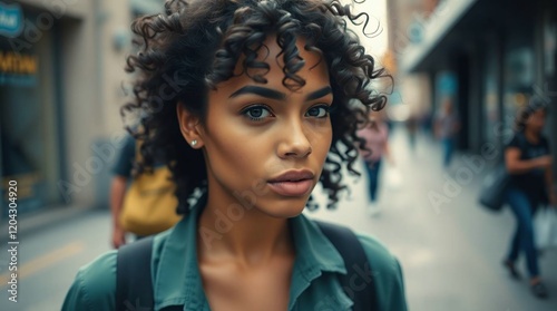 A close portrait of a beautiful woman with curly hair looking sternly and confidently at the camera