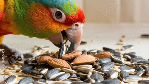 The parrot eats sunflower seeds and almond nuts. The parrot's beak is visible, in which he holds the seeds. The background is soft and there are a few seeds scattered around.