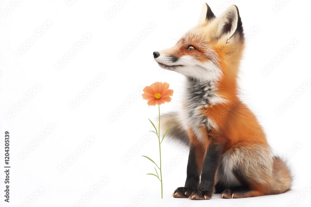 Red fox sitting and looking at an orange cosmos flower on a white background, perfect for nature and wildlife projects Red fox sitting and looking at an orange cosmos flower on a white background, perfect for nature and wildlife projects