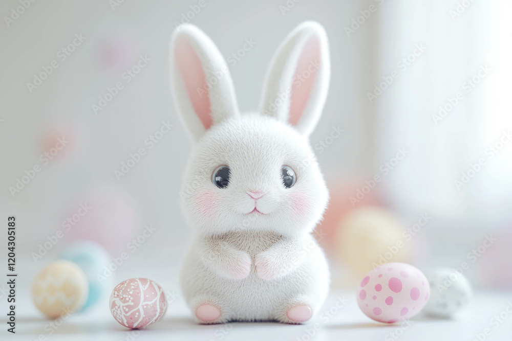 Obraz premium Cute baby Easter bunny surrounded by colorful eggs in a soft, pastel setting during springtime celebrations
