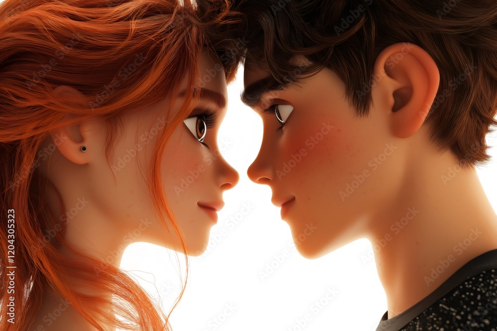 3D of a young couple gazing lovingly at each other, expressing deep affection and connection 3D of a young couple gazing lovingly at each other, expressing deep affection and connection