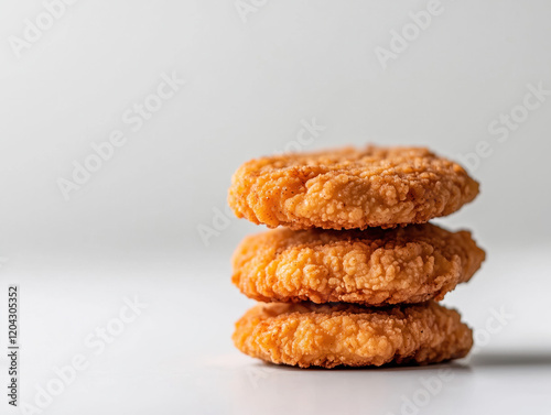 Crispy Stack of Three Golden Chicken Nuggets on White Background