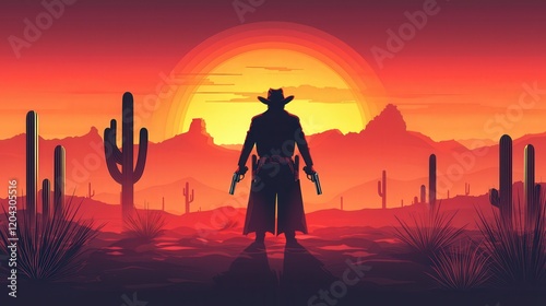 Wallpaper Mural Desert Ranger with Twin Revolvers Against a Colorful Sunset Torontodigital.ca