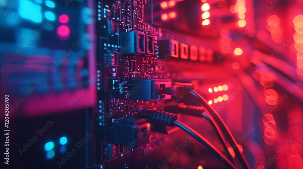 Obraz premium A close-up view of hardware cables connected to an internet network device, showcasing technology