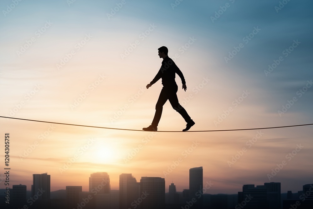 Silhouette of a man walking on a tightrope at sunset with city skyline in the background. Concept of balance, risk, and determination. Silhouette of a man walking on a tightrope at sunset with city skyline in the background. Concept of balance, risk, and determination.