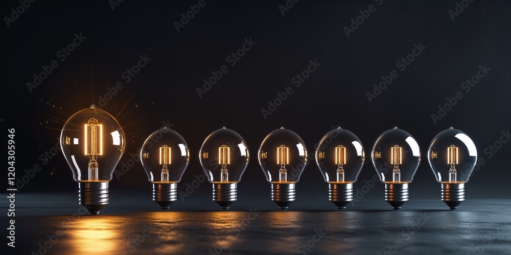 A row of light bulbs, one glowing brightly in the middle against a black background, symbolizing ideas and innovation. A row of light bulbs, one glowing brightly in the middle against a black background, symbolizing ideas and innovation.