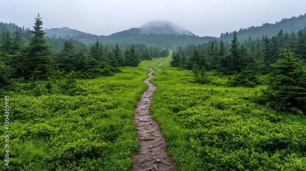 Fototapeta premium Mountain trail through lush greenery on a misty day; nature background for travel or adventure themes