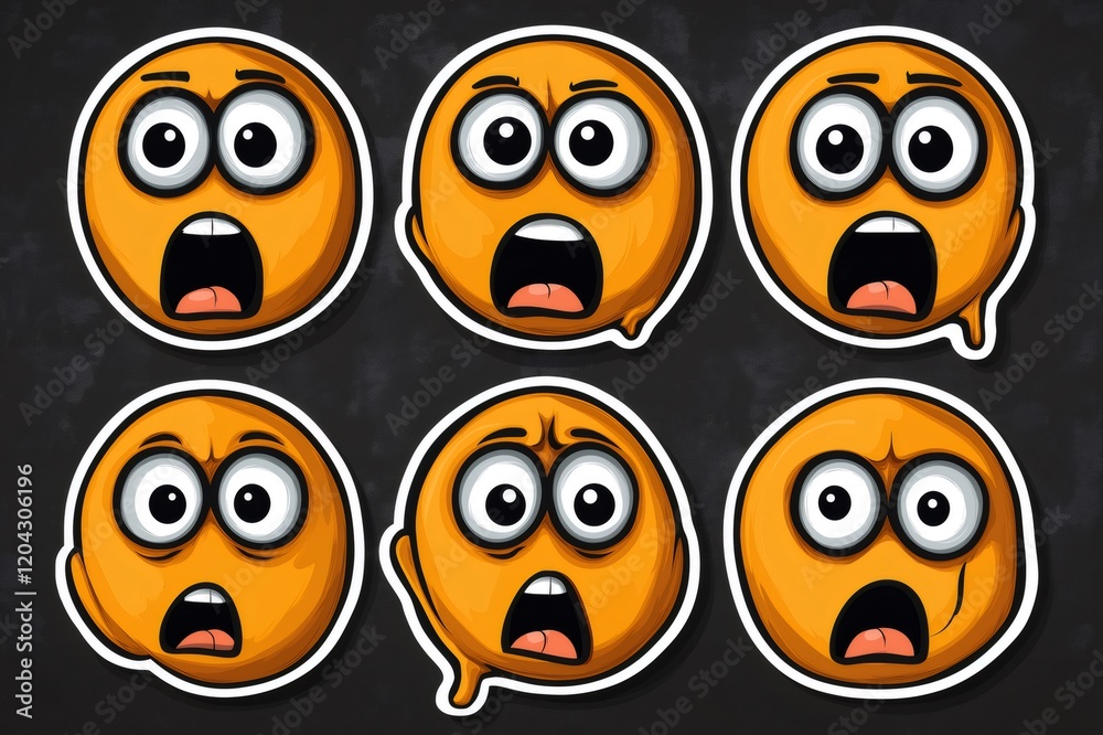 Six variations of a shocked emoji sticker with wide eyes and open mouths, showing different degrees of surprise and astonishment Six variations of a shocked emoji sticker with wide eyes and open mouths, showing different degrees of surprise and astonishment
