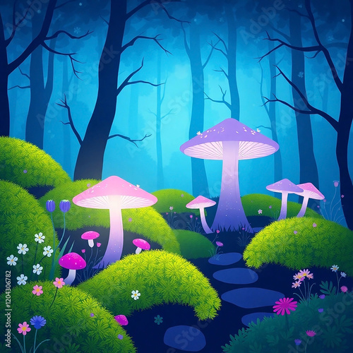 Fantasy Forest Scene at Dawn Featuring Glowing Mushrooms in Vibrant Blue and Purple