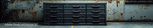 Vintage industrial metal dresser against distressed rusty wall background photo