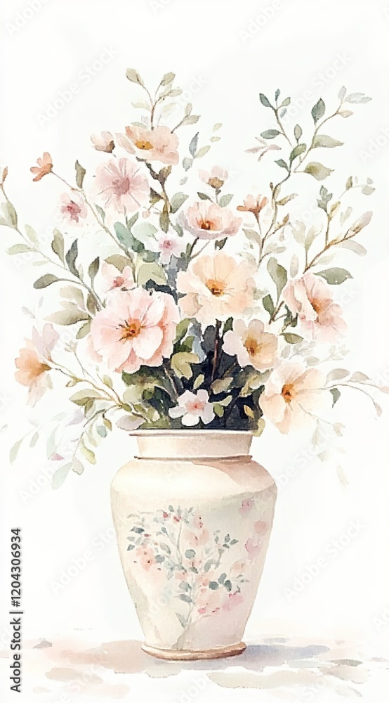 A delicate vase with pastel-colored flowers, a pastel watercolor illustration, on a white background A delicate vase with pastel-colored flowers, a pastel watercolor illustration, on a white background