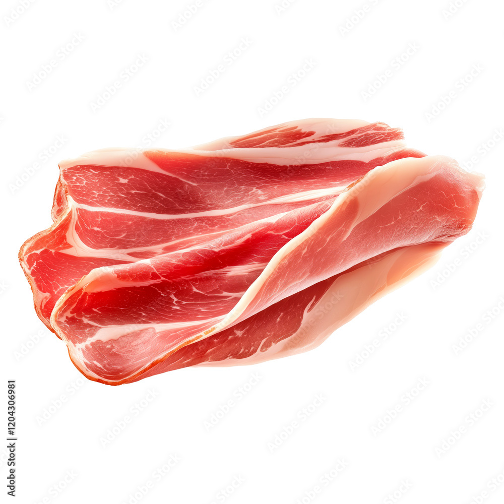 Jamon Iberico cured ham slices with marbled texture, isolated on white transparent background. Concept of cured meats. Jamon Iberico cured ham slices with marbled texture, isolated on white transparent background. Concept of cured meats.