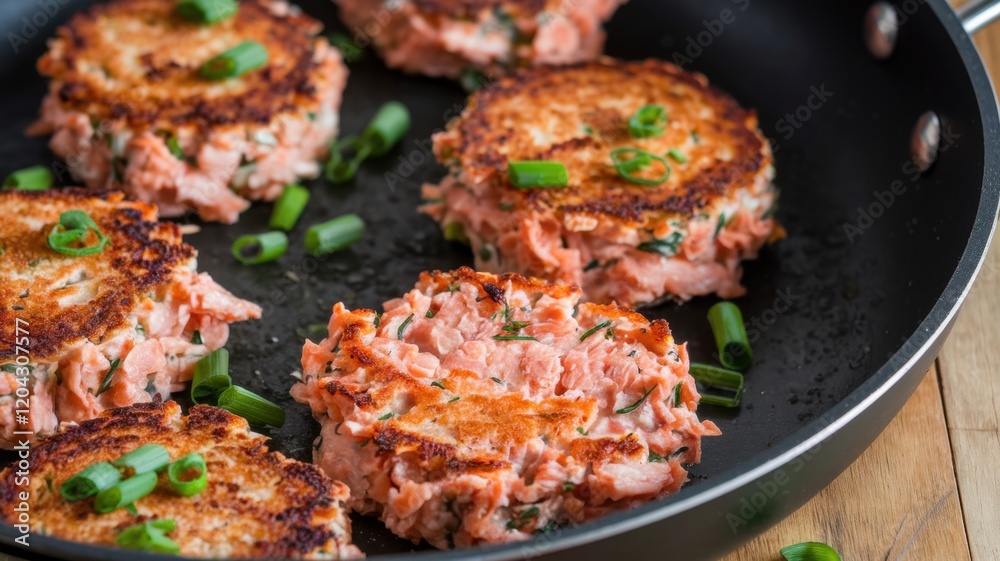 Homemade salmon cutlets. The cutlets are browned and crispy on the outside, but with a delicate salmon texture on the inside. The cutlets are sprinkled with green onions on top. Homemade salmon cutlets. The cutlets are browned and crispy on the outside, but with a delicate salmon texture on the inside. The cutlets are sprinkled with green onions on top.