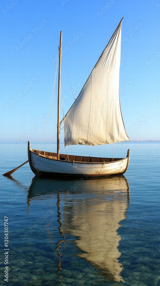 Fototapeta premium Sailing boat with white sail gliding on calm waters during clear day. Generative AI