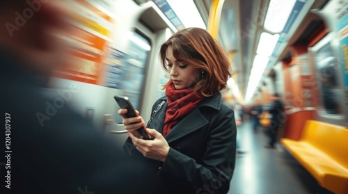 woman in metro train busy looking at her phone