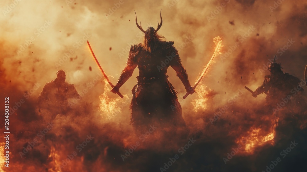 Fototapeta premium male demon warrior samurai with two fiery katana swords is aggressively approaching the enemy, behind him an army of loyal comrades with