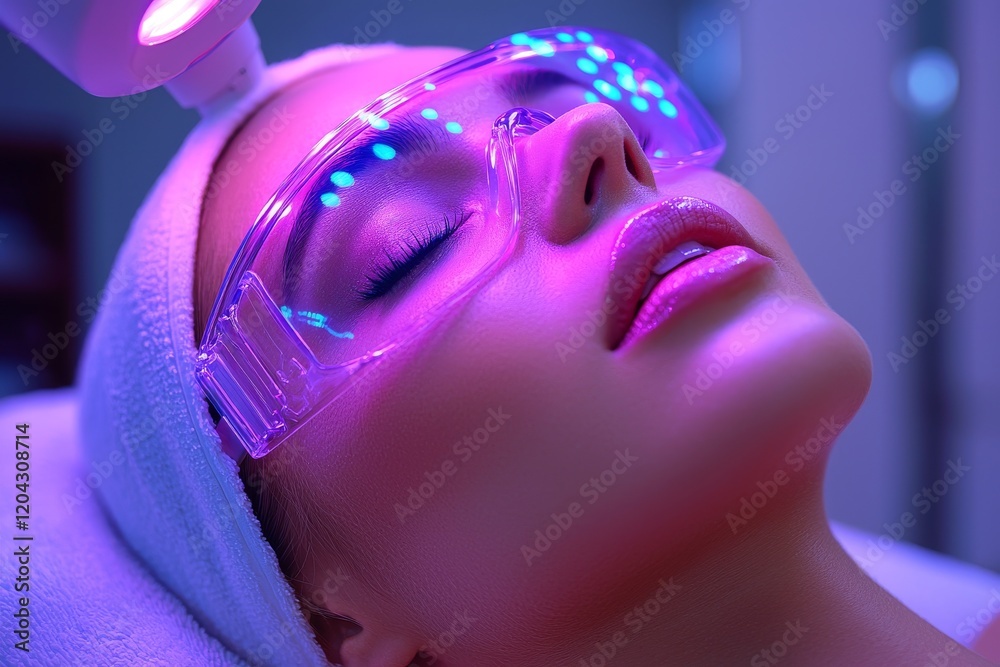A Caucasian woman is undergoing a futuristic facial treatment with a device that emits purple light in a modern clinic A Caucasian woman is undergoing a futuristic facial treatment with a device that emits purple light in a modern clinic