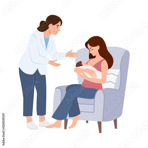 Breastfeeding consultation lactating. Woman holding and breastfeeding infant baby. Doctor talking with young mother. Healthcare concept . Flat vector illustration