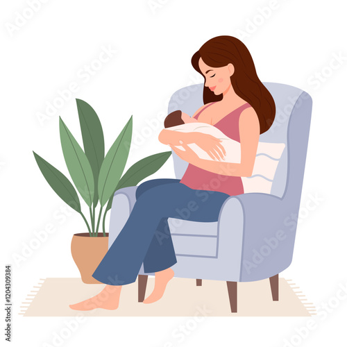 Mother breastfeeding her newborn baby. Breast feeding position with pillow in chair. Breastfeeding week,natural feeding concept. Vector illustration Flat vector illustration.