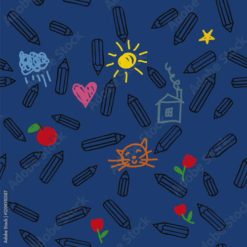 vector seamless pattern with lot of pencils and cute childlike doodles