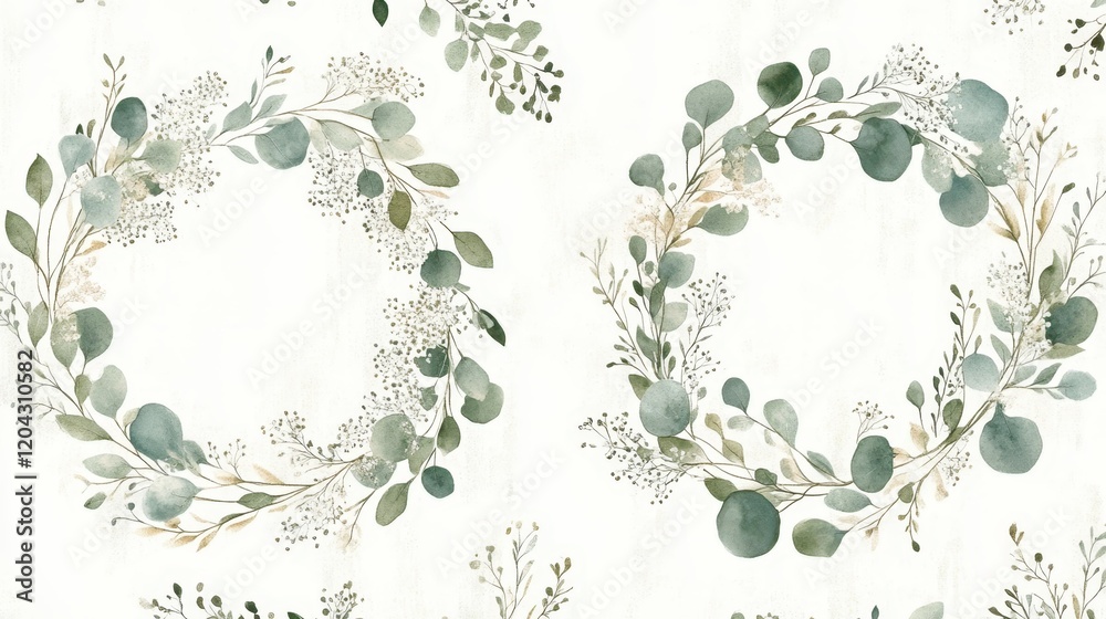 Soft watercolor eucalyptus leaves, delicate botanical illustration, muted sage green palette, ethereal floral pattern, minimalist nature design, gentle white background, wispy foliage, subtle texture, Soft watercolor eucalyptus leaves, delicate botanical illustration, muted sage green palette, ethereal floral pattern, minimalist nature design, gentle white background, wispy foliage, subtle texture,