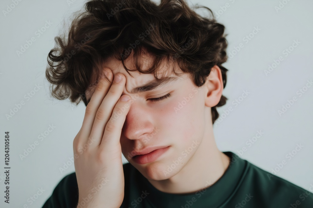 Young man with closed eyes is touching his forehead with his hand because of a headache, with a white background Young man with closed eyes is touching his forehead with his hand because of a headache, with a white background