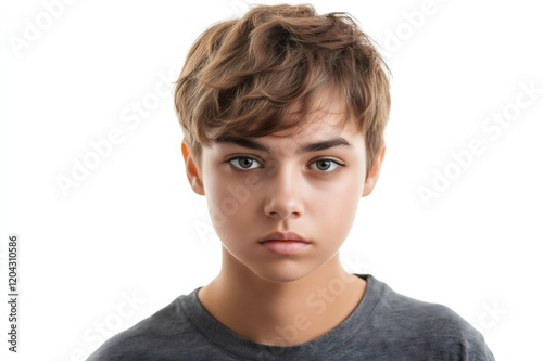 Portrait of a serious teenager with short brown hair and gray t shirt posing on a white background photo