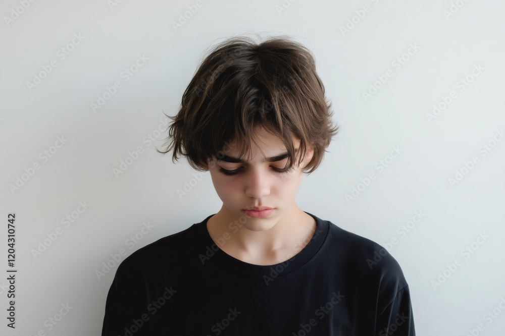 Portrait of a sad teenager looking down, expressing negative emotions and depression, on a simple white background Portrait of a sad teenager looking down, expressing negative emotions and depression, on a simple white background