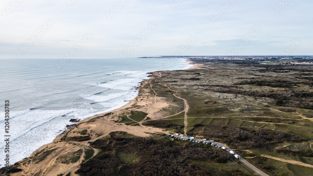Aerial drone view of Sauzaie beach, Bretignolles sur mer, Vendee, France