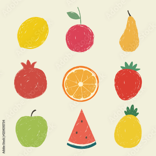 Set of crayon hand-drawn fruits: apple, pear, pineapple, cherry, pomegranate, watermelon, lemon. Vector illustration