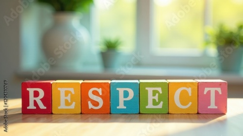 Colorful blocks spelling respect on a wooden surface with a blurred background