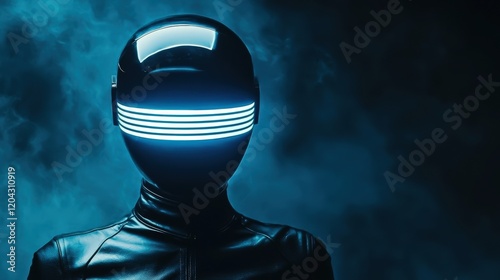 Futuristic figure with glowing helmet and sleek suit in dark misty atmosphere