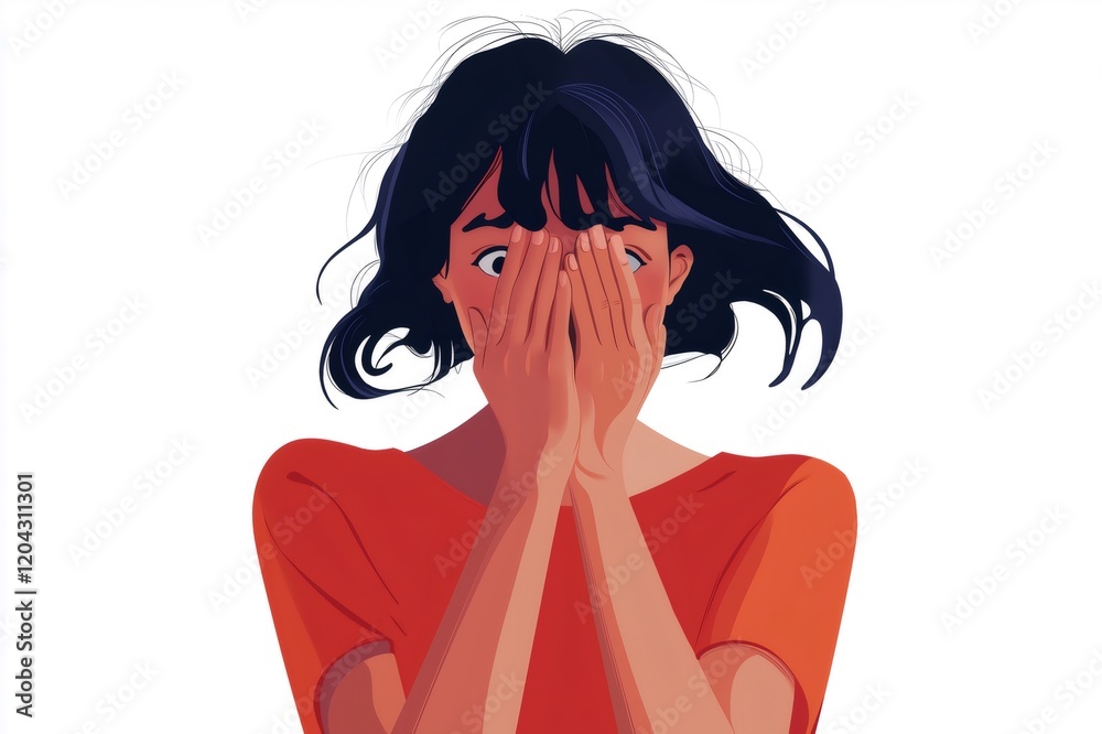 Illustration of a young woman covering her face with her hands, expressing fear, anxiety, and emotional distress Illustration of a young woman covering her face with her hands, expressing fear, anxiety, and emotional distress
