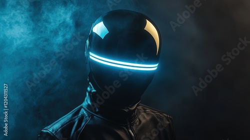 Futuristic Figure in Dark Environment with Light-Up Helmet Emitting Neon Glow