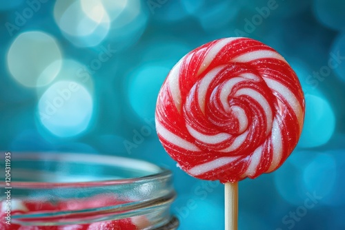 A vibrant red lollipop sticking out from a narrow opening in a candy jar.